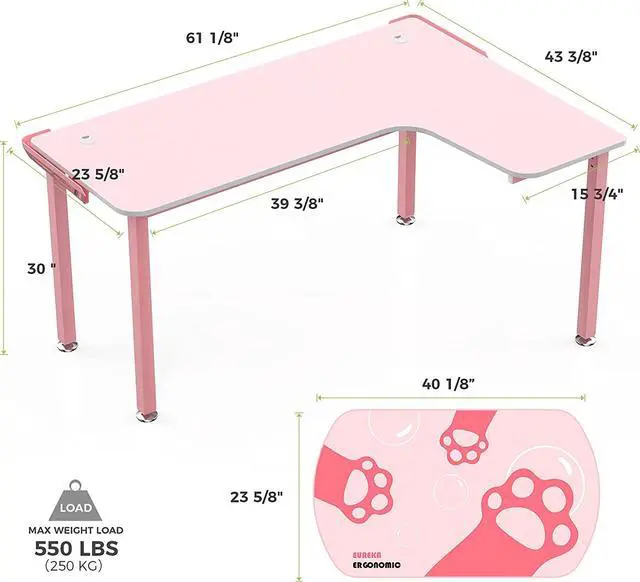 Alt view image 7 of 7 - EUREKA ERGONOMIC L Shaped Desk, 60" L-Shaped Pink Corner Desk, Study Writing Table for Home Office Wood & Metal, Cute Gaming Desk with Free Mouse Pad for Girls, Space-Saving, Easy to Assemble, Pink