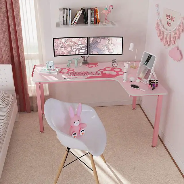 Alt view image 6 of 7 - EUREKA ERGONOMIC L Shaped Desk, 60" L-Shaped Pink Corner Desk, Study Writing Table for Home Office Wood & Metal, Cute Gaming Desk with Free Mouse Pad for Girls, Space-Saving, Easy to Assemble, Pink