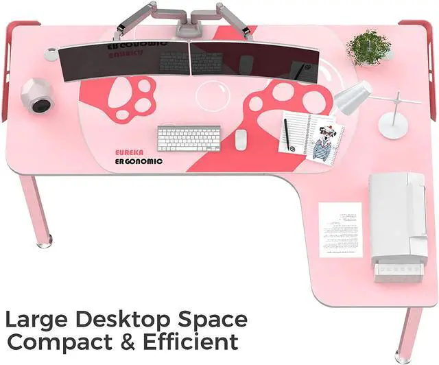 Alt view image 2 of 7 - EUREKA ERGONOMIC L Shaped Desk, 60" L-Shaped Pink Corner Desk, Study Writing Table for Home Office Wood & Metal, Cute Gaming Desk with Free Mouse Pad for Girls, Space-Saving, Easy to Assemble, Pink