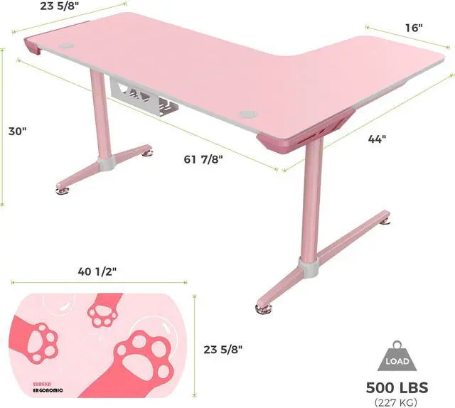 Alt view image 4 of 4 - Eureka Ergonomic® 60" Pink L Shaped Gaming Desk with Mouse Pad, Corner Gaming Desk, Home Office Writing Table, Left Side