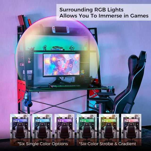 Alt view image 4 of 7 - EUREKA ERGONOMIC 43 Inch Black RGB LED Gaming Ladder Desk, Home Office Computer Desks for Small Spaces with 2 Tier Storage Book Shelves Pegboard Organizer with Accessories Cup Holder Headphone Hook