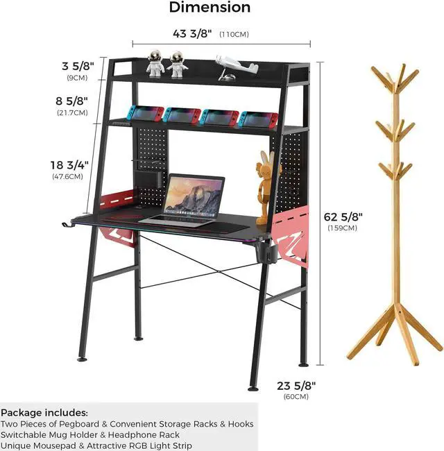 Alt view image 7 of 7 - EUREKA ERGONOMIC 43 Inch Black RGB LED Gaming Ladder Desk, Home Office Computer Desks for Small Spaces with 2 Tier Storage Book Shelves Pegboard Organizer with Accessories Cup Holder Headphone Hook