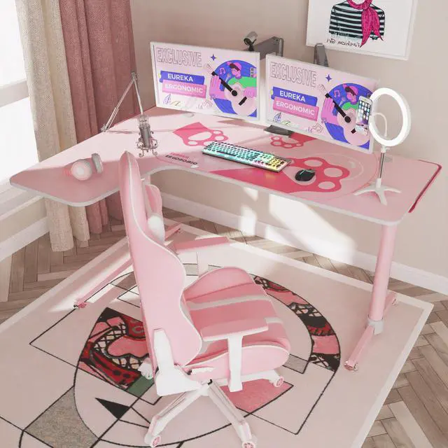 Alt view image 2 of 4 - Eureka Ergonomic® 60" Pink L Shaped Gaming Desk with Mouse Pad, Corner Gaming Desk, Home Office Writing Table, Left Side