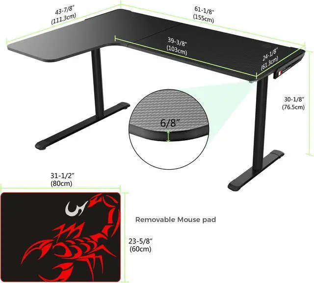 Alt view image 7 of 7 - EUREKA ERGONOMIC L Shaped Gaming Desk, 60 Inch Corner Gaming Desk, Large Computer Desk, PC Gaming Desk with Mouse Pad and Cable Management for Gift,Space Saving, Easy to Assemble,Black
