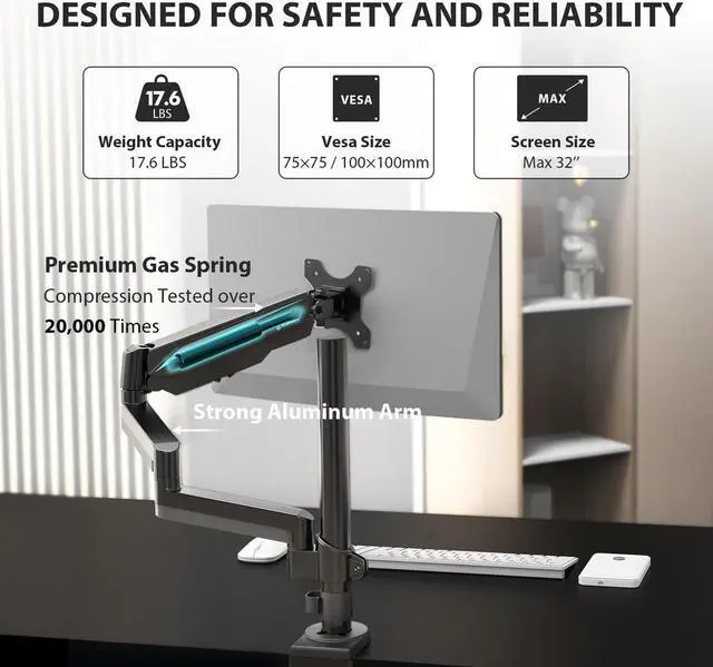 Alt view image 5 of 7 - Eureka Ergonomic Fully Adjustable Single/Dual Home Office Monitor Arm Mount Gaming Monitor Stand for Screens up to 32 Inch