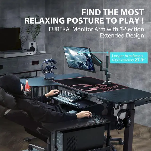 Alt view image 2 of 7 - Eureka Ergonomic Fully Adjustable Single/Dual Home Office Monitor Arm Mount Gaming Monitor Stand for Screens up to 32 Inch