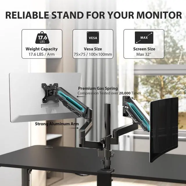 Alt view image 6 of 7 - Eureka Ergonomic Fully Adjustable Single/Dual Home Office Monitor Arm Mount Gaming Monitor Stand for Screens up to 32 Inch dual arm