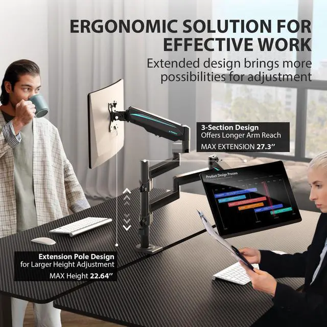Alt view image 3 of 7 - Eureka Ergonomic Fully Adjustable Single/Dual Home Office Monitor Arm Mount Gaming Monitor Stand for Screens up to 32 Inch dual arm