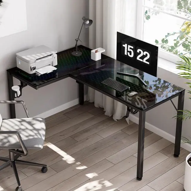 Alt view image 5 of 7 - EUREKA ERGONOMIC 60" Reversible L Shaped Spectrum RGB LED Gaming Desk, Music Sync Lights Up Tempered Glass Desktop GTG L60 Home Office Corner Computer Table W Cup Holder Headset Hook, Cable Ties