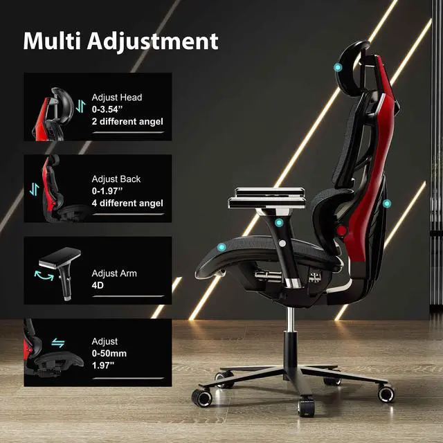Alt view image 3 of 7 - Eureka Ergonomic TYPHON Video Gaming Chair Ergonomic Mesh Chair for Gamers, Red