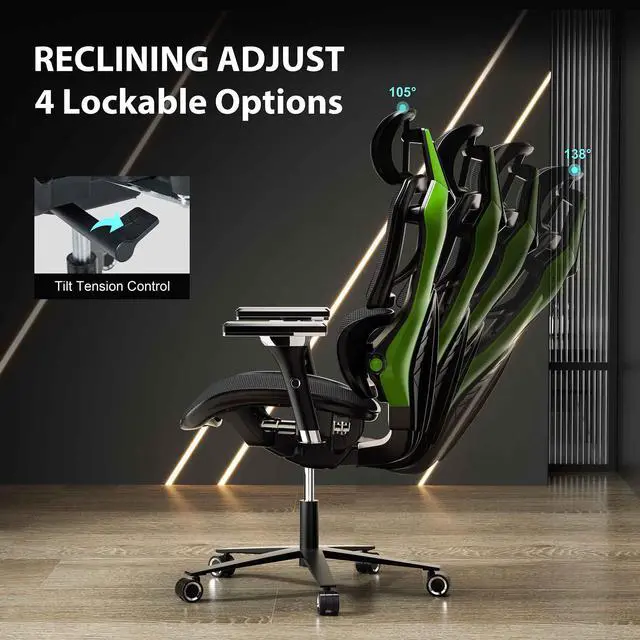 Alt view image 5 of 7 - Eureka Ergonomic TYPHON Video Gaming Chair Ergonomic Mesh Chair for Gamers, Green