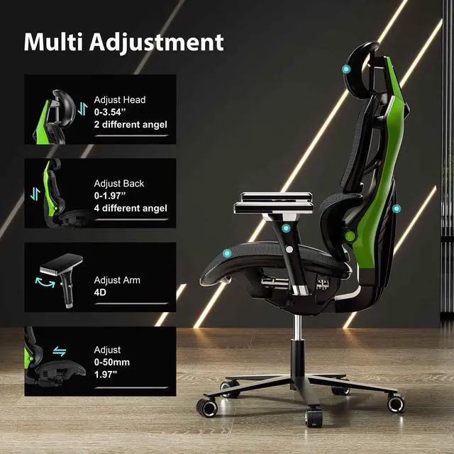 Alt view image 3 of 7 - Eureka Ergonomic TYPHON Video Gaming Chair Ergonomic Mesh Chair for Gamers, Green