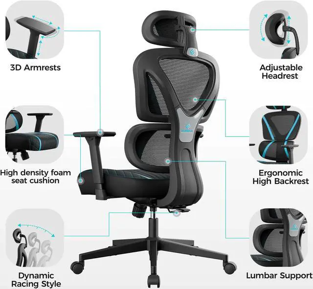 Alt view image 2 of 7 - Eureka Ergonomic Norn Series Ergonomic Gaming Chair for Gamers, Blue