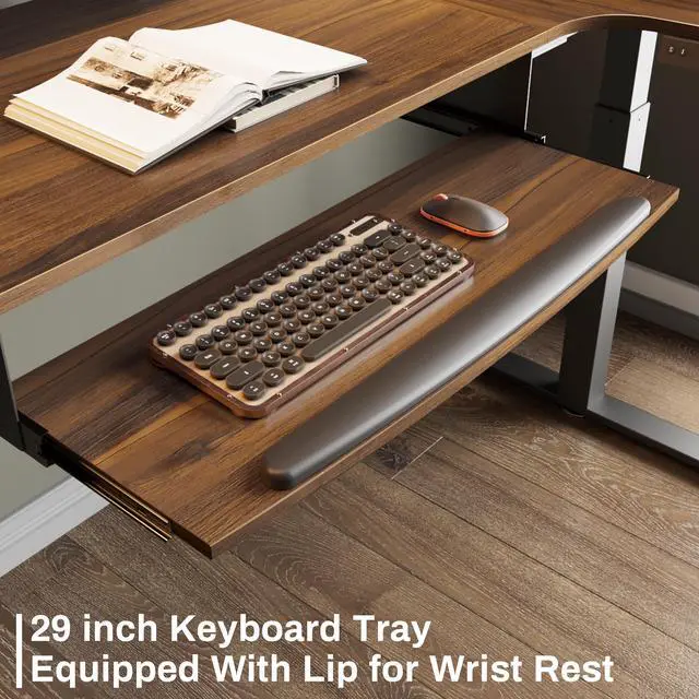 Alt view image 3 of 7 - EUREKA ERGONOMIC 61" Standing Desk with Keyboard Tray, L Shaped Adjustable Standing Desk with Monitor Stand, Office Dual Motor Electric Stand Computer Desk, Stand Up Corner Desk, Walnut/Right