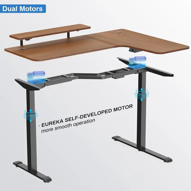 Alt view image 6 of 7 - EUREKA ERGONOMIC 61" Standing Desk with Keyboard Tray, L Shaped Adjustable Standing Desk with Monitor Stand, Office Dual Motor Electric Stand Computer Desk, Stand Up Corner Desk, Walnut/Right