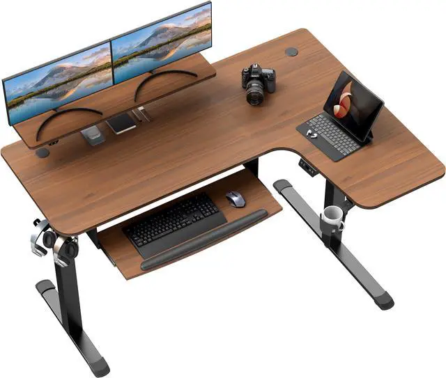 Main image of EUREKA ERGONOMIC 61" Standing Desk with Keyboard Tray, L Shaped Adjustable Standing Desk with Monitor Stand, Office Dual Motor Electric Stand Computer Desk, Stand Up Corner Desk, Walnut/Right