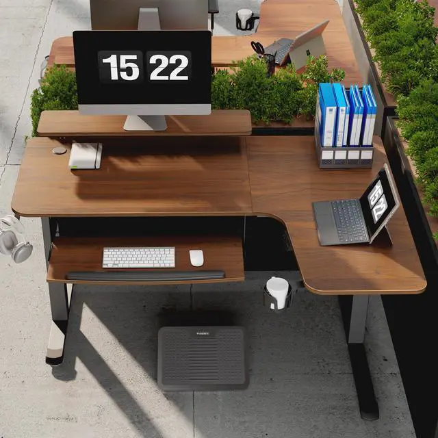 Alt view image 2 of 7 - EUREKA ERGONOMIC 61" Standing Desk with Keyboard Tray, L Shaped Adjustable Standing Desk with Monitor Stand, Office Dual Motor Electric Stand Computer Desk, Stand Up Corner Desk, Walnut/Right