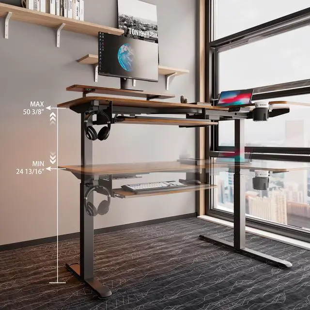 Alt view image 5 of 7 - EUREKA ERGONOMIC 61" Standing Desk with Keyboard Tray, L Shaped Adjustable Standing Desk with Monitor Stand, Office Dual Motor Electric Stand Computer Desk, Stand Up Corner Desk, Walnut/Right