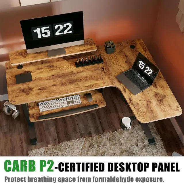 Alt view image 2 of 7 - EUREKA ERGONOMIC 61" Standing Desk with Keyboard Tray, L Shaped Adjustable Standing Desk with Monitor Stand, Office Dual Motor Electric Stand Computer Desk, Stand Up Corner Desk, Rustic Brown Right