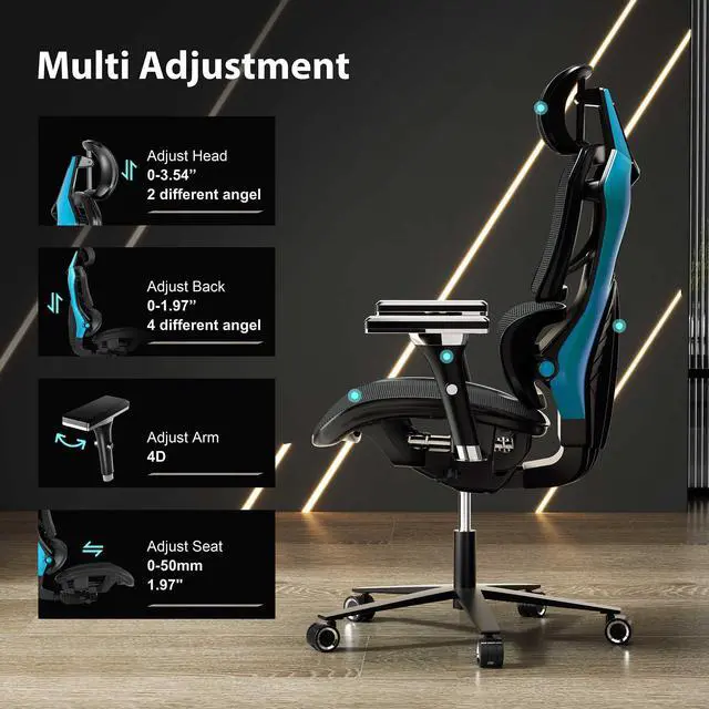 Alt view image 5 of 7 - Eureka Ergonomic TYPHON Video Gaming Chair Ergonomic Mesh Chair for Gamers, Blue