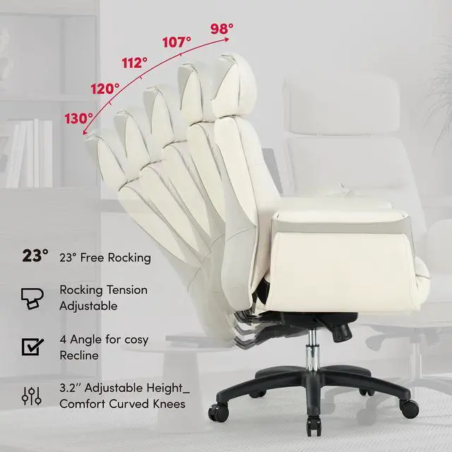 Alt view image 4 of 7 - EUREKA ERGONOMIC Executive Office Chair, High Back Tiltable, Luxury Leather, Comfortable Heavy Duty, Gaming Computer Chair, Wide Seat Adjustable Swivel, Big Tall Chair, White