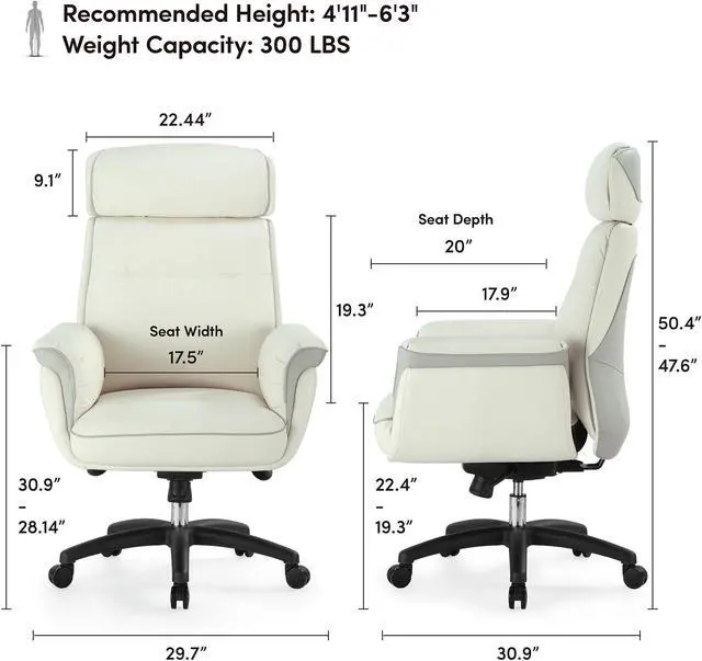 Alt view image 7 of 7 - EUREKA ERGONOMIC Executive Office Chair, High Back Tiltable, Luxury Leather, Comfortable Heavy Duty, Gaming Computer Chair, Wide Seat Adjustable Swivel, Big Tall Chair, White