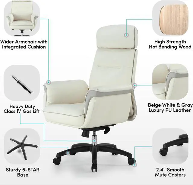 Alt view image 6 of 7 - EUREKA ERGONOMIC Executive Office Chair, High Back Tiltable, Luxury Leather, Comfortable Heavy Duty, Gaming Computer Chair, Wide Seat Adjustable Swivel, Big Tall Chair, White