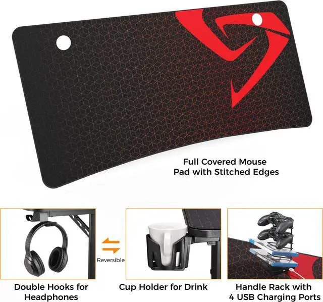 Alt view image 5 of 7 - Eureka Ergonomic 60" Gaming Desk with Large Carbon Fiber Surface Computer PC Desk Office with Full Surface Mouse Pad Controller Stand Cup Holder and Headphone Hook Black