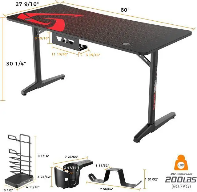 Alt view image 7 of 7 - Eureka Ergonomic 60" Gaming Desk with Large Carbon Fiber Surface Computer PC Desk Office with Full Surface Mouse Pad Controller Stand Cup Holder and Headphone Hook Black