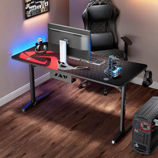 Alt view image 4 of 7 - Eureka Ergonomic 60" Gaming Desk with Large Carbon Fiber Surface Computer PC Desk Office with Full Surface Mouse Pad Controller Stand Cup Holder and Headphone Hook Black