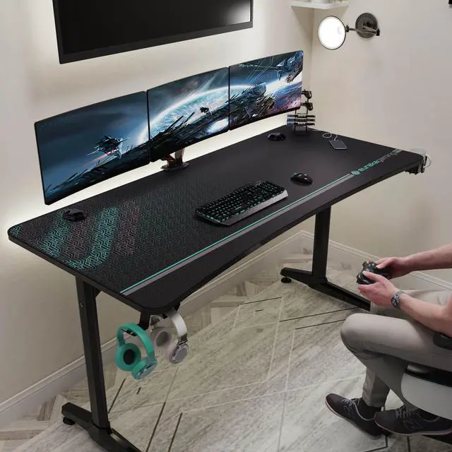 Alt view image 2 of 7 - Eureka Ergonomic 60" Gaming Desk, Captain Series Home Office Computer Desk with Large Carbon Fiber Surface, Polygon Legs Design, Free Mouse pad, Controller Stand, Cup Holder, Headphone Hook, Black