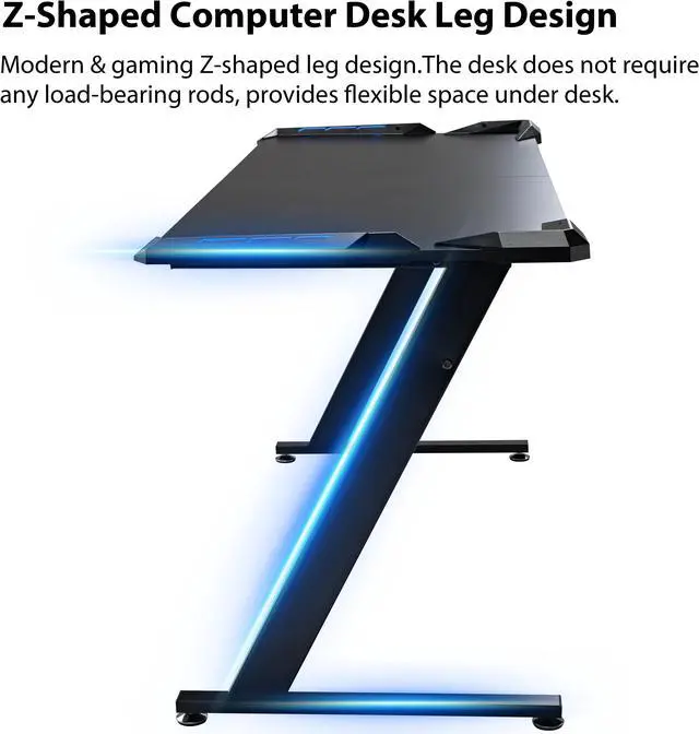Alt view image 6 of 7 - Eureka Ergonomic® 60" Z-Shaped Large Gaming Desk with LED Lights, Home Office Desk with Free Mouse pad Carbon Fiber Texture Desktop, Gift for Gamer, Black