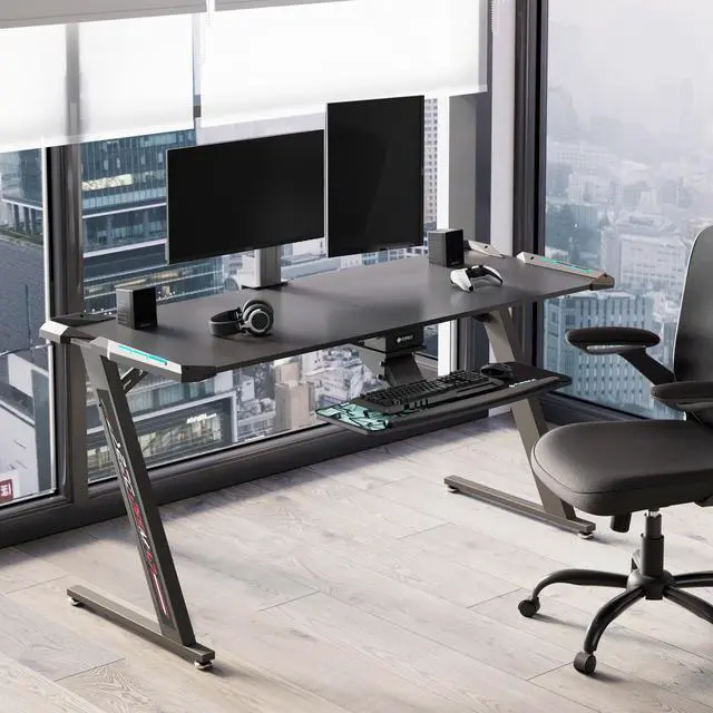 Alt view image 4 of 7 - Eureka Ergonomic® 60" Z-Shaped Large Gaming Desk with LED Lights, Home Office Desk with Free Mouse pad Carbon Fiber Texture Desktop, Gift for Gamer, Black