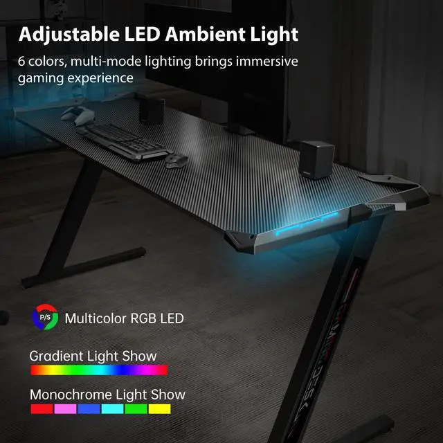 Alt view image 5 of 7 - Eureka Ergonomic® 60" Z-Shaped Large Gaming Desk with LED Lights, Home Office Desk with Free Mouse pad Carbon Fiber Texture Desktop, Gift for Gamer, Black