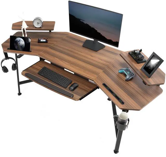 Main image of EUREKA ERGONOMIC Gaming Desk with LED Lights 72" Wing Shaped Computer Desk Large Office Computer Workstation PC Table w Keyboard Tray, Dual Monitor Shelves,Walnut Wood
