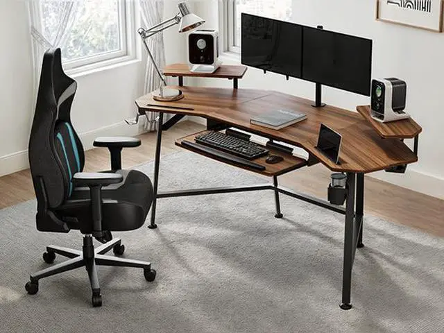 Alt view image 2 of 6 - EUREKA ERGONOMIC Gaming Desk with LED Lights 72" Wing Shaped Computer Desk Large Office Computer Workstation PC Table w Keyboard Tray, Dual Monitor Shelves,Walnut Wood