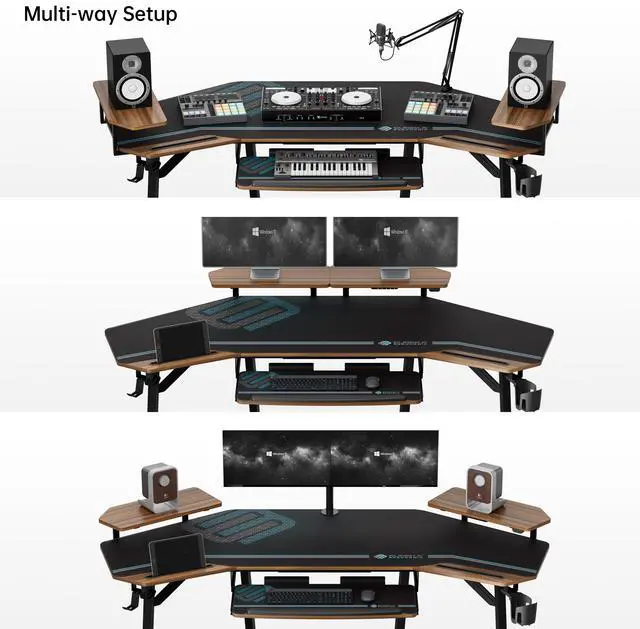 Alt view image 3 of 6 - EUREKA ERGONOMIC Gaming Desk with LED Lights 72" Wing Shaped Computer Desk Large Office Computer Workstation PC Table w Keyboard Tray, Dual Monitor Shelves,Walnut Wood