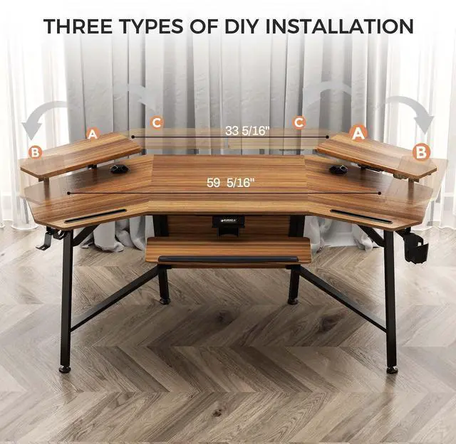 Alt view image 5 of 6 - EUREKA ERGONOMIC Gaming Desk with LED Lights 72" Wing Shaped Computer Desk Large Office Computer Workstation PC Table w Keyboard Tray, Dual Monitor Shelves,Walnut Wood