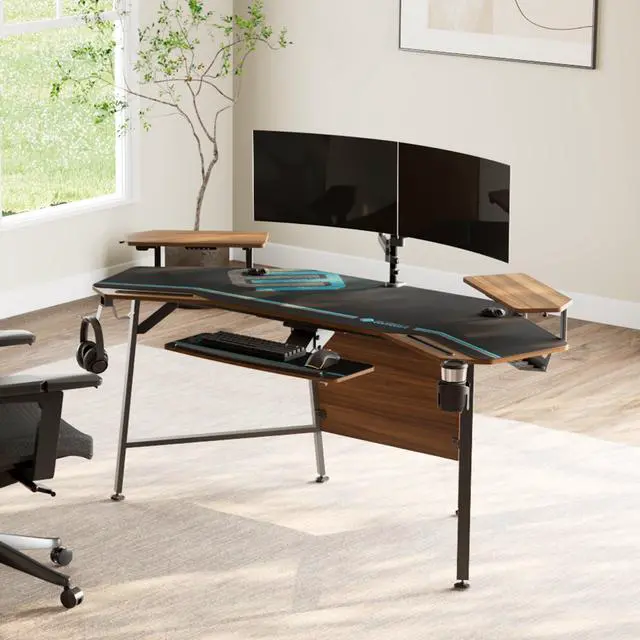 Alt view image 6 of 6 - EUREKA ERGONOMIC Gaming Desk with LED Lights 72" Wing Shaped Computer Desk Large Office Computer Workstation PC Table w Keyboard Tray, Dual Monitor Shelves,Walnut Wood