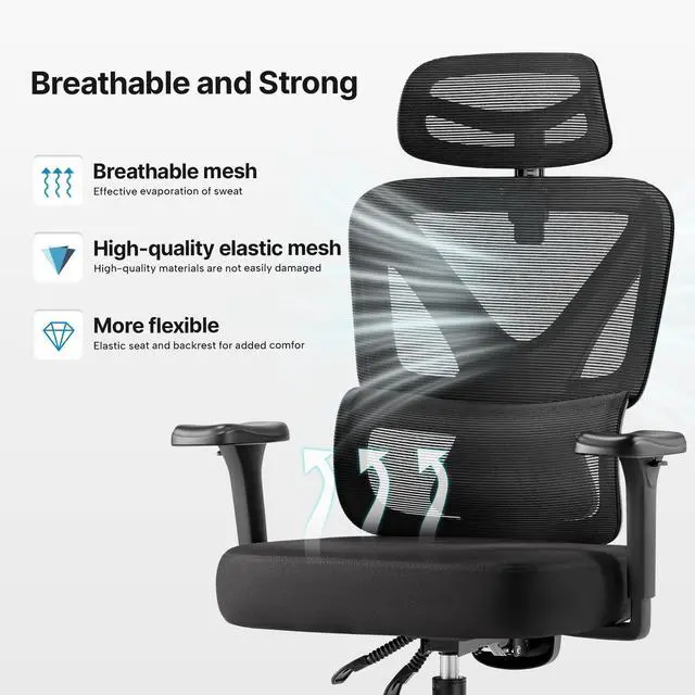Alt view image 5 of 7 - Exis Ergonomic Mesh Office Chair, High-Back Computer Desk Chair with Non-Sagging Spring Seat Cushion, 3D Rotating Armrests, 2-Way Adjustable Lumbar Support, 2D Headrest, Infinite Tilt Lock - Black