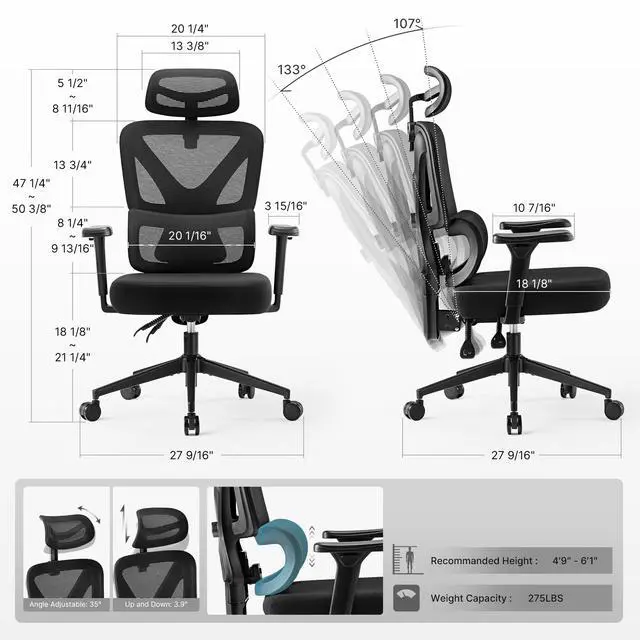 Alt view image 4 of 7 - Exis Ergonomic Mesh Office Chair, High-Back Computer Desk Chair with Non-Sagging Spring Seat Cushion, 3D Rotating Armrests, 2-Way Adjustable Lumbar Support, 2D Headrest, Infinite Tilt Lock - Black