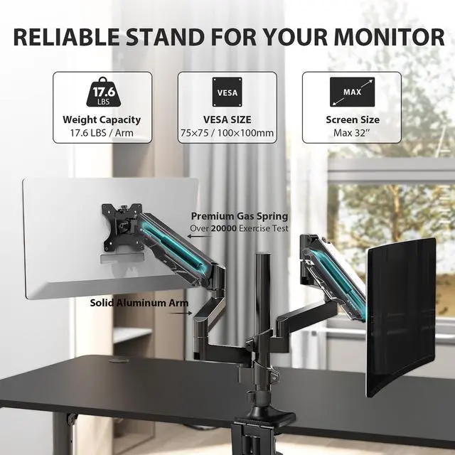 Alt view image 4 of 7 - Eureka Ergonomic Fully Adjustable Single/Dual Home Office Monitor Arm Mount Gaming Monitor Stand for Screens up to 32 Inch dual arm