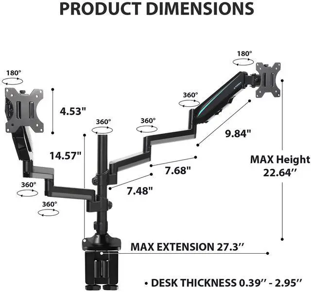 Alt view image 7 of 7 - Eureka Ergonomic Fully Adjustable Single/Dual Home Office Monitor Arm Mount Gaming Monitor Stand for Screens up to 32 Inch dual arm