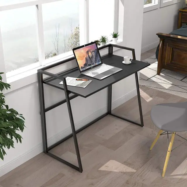 Alt view image 2 of 7 - 41" Folding Computer Desk - No Assembly Space Saving Writing Workstation Black