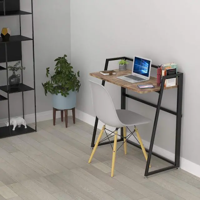 Alt view image 2 of 7 - 33" Teak Wood Folding Computer Desk - No Assembly Small Space Workstation