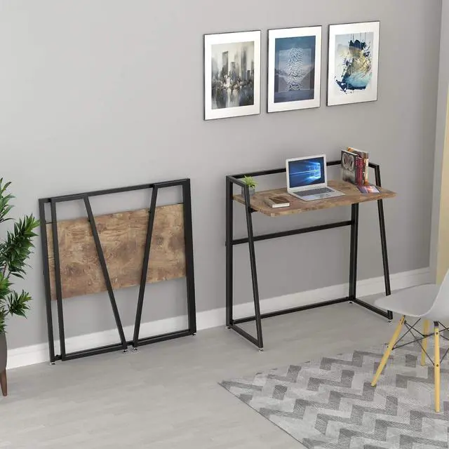 Alt view image 4 of 7 - 33" Teak Wood Folding Computer Desk - No Assembly Small Space Workstation