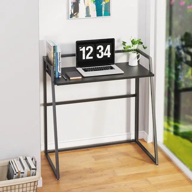 Alt view image 2 of 7 - 33" Teak Wood Folding Computer Desk - No Assembly Small Space Workstation Black