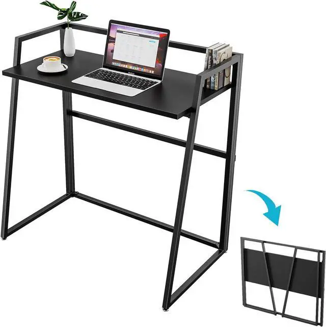 Main image of 33" Teak Wood Folding Computer Desk - No Assembly Small Space Workstation Black