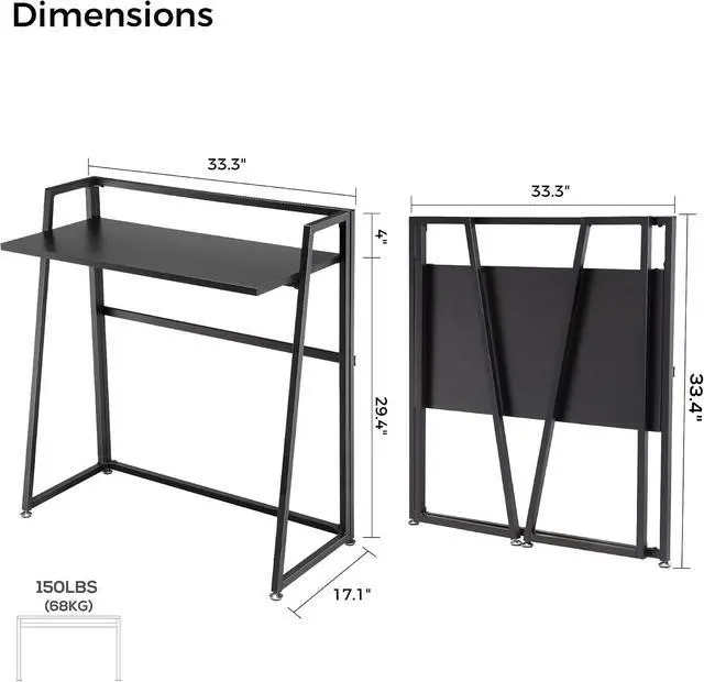 Alt view image 3 of 7 - 33" Teak Wood Folding Computer Desk - No Assembly Small Space Workstation Black