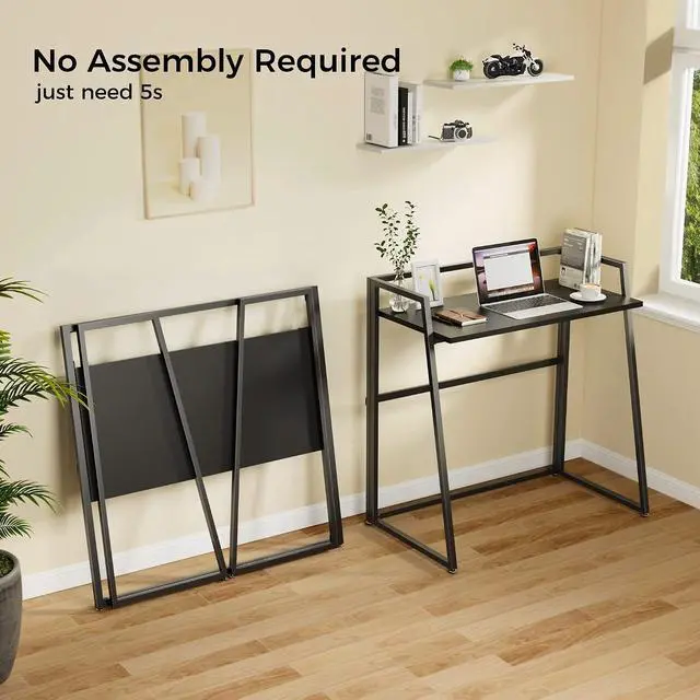 Alt view image 7 of 7 - 33" Teak Wood Folding Computer Desk - No Assembly Small Space Workstation Black
